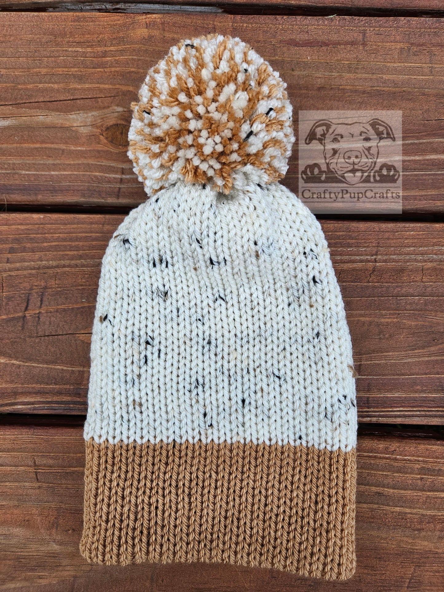 Cream pearl speckled & camel knit faux brim beanie with pom pom