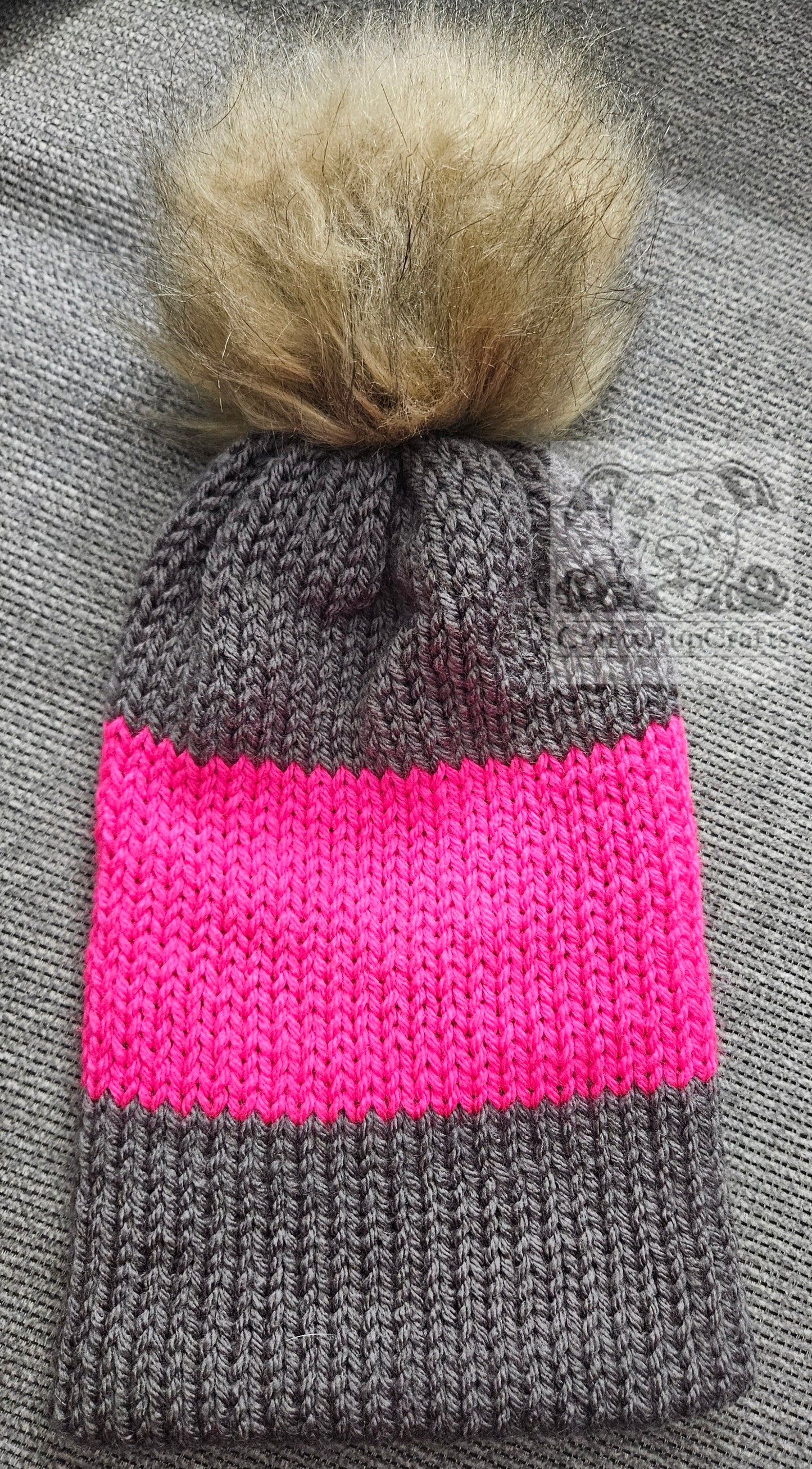 Gray & neon pink knit faux brim beanie with faux fur pom pom