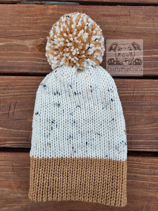 Cream pearl speckled & camel knit faux brim beanie with pom pom