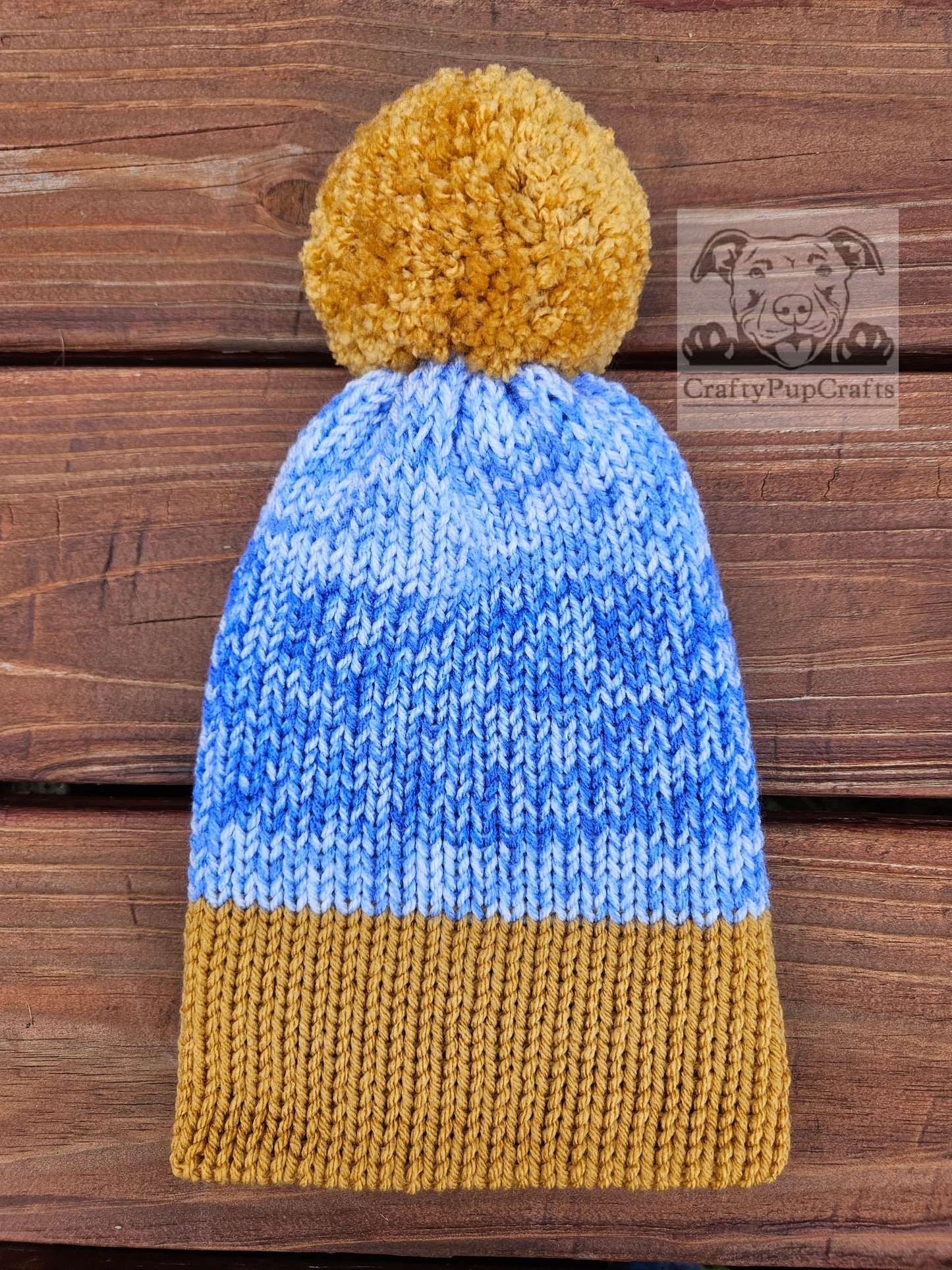 Blue/white ombre & sungold knit faux brim beanie with pom pom