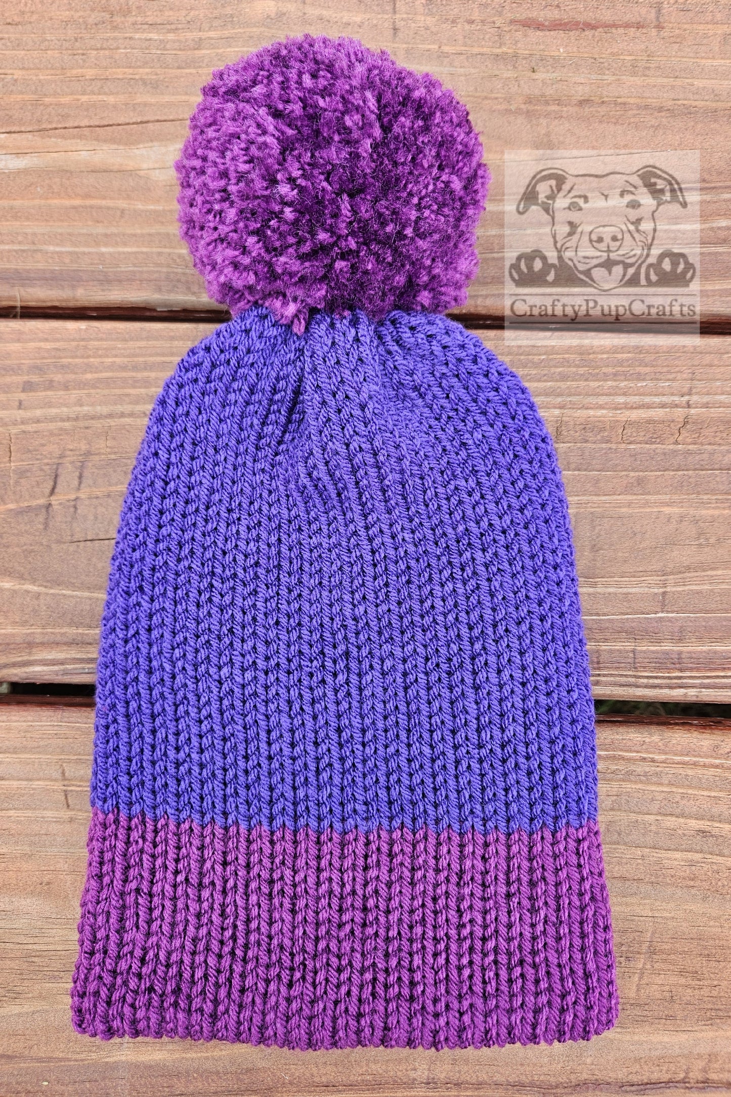 Dark grape purple & purple knit faux brim beanie with pom pom