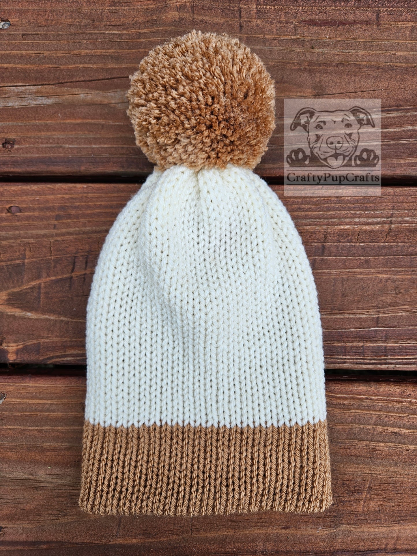 Ivory & camel knit faux brim beanie with pom pom