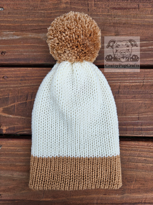 Ivory & camel knit faux brim beanie with pom pom