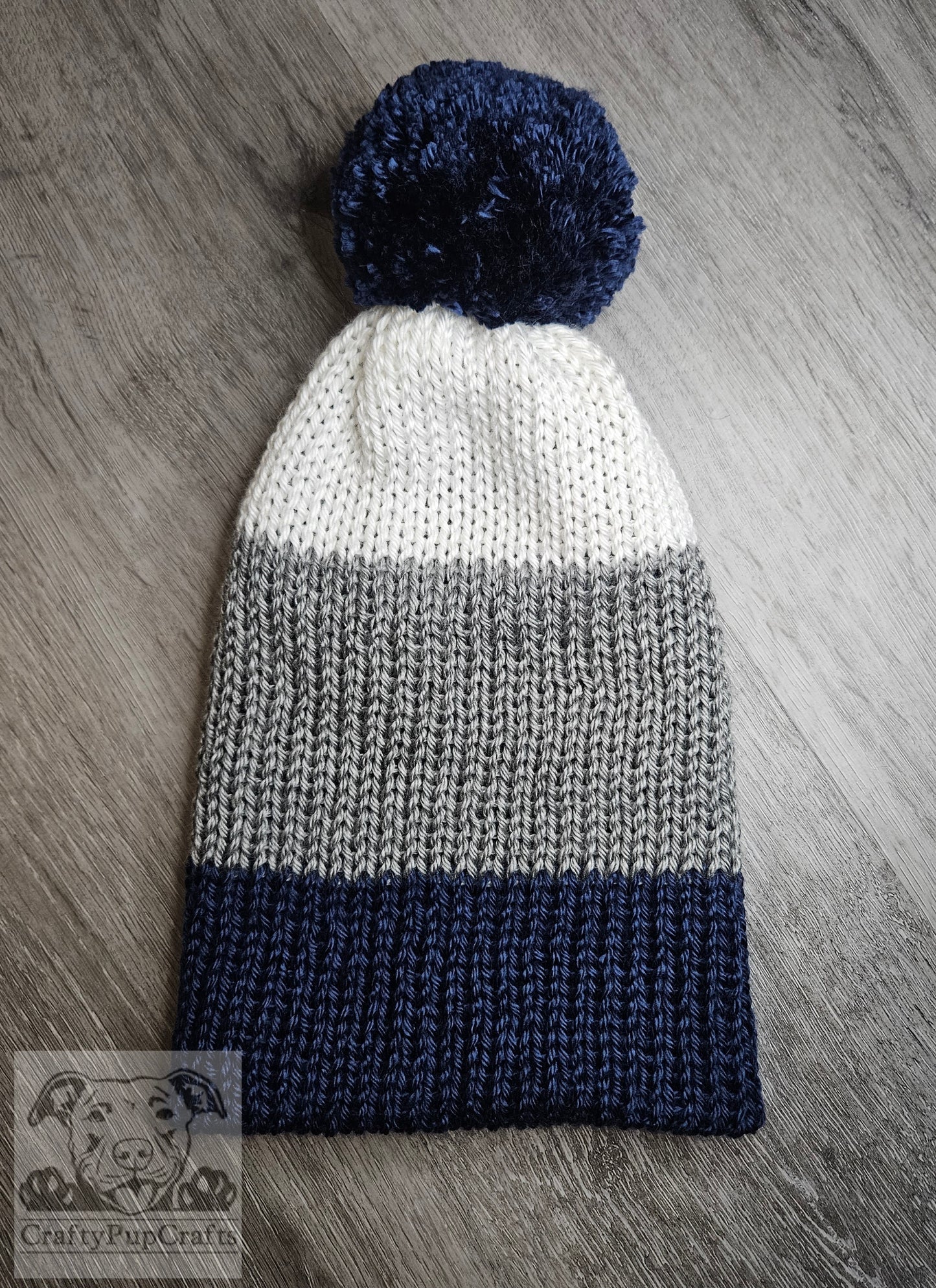 Navy blue, gray, & white knit faux brim beanie with pom pom