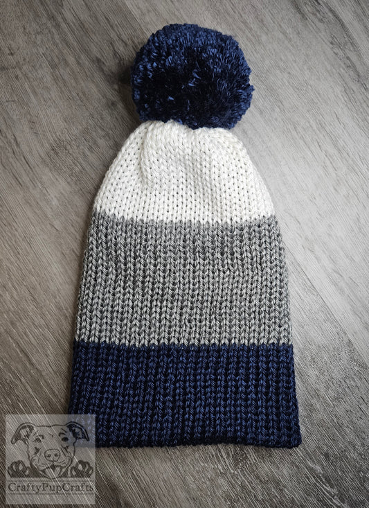 Navy blue, gray, & white knit faux brim beanie with pom pom