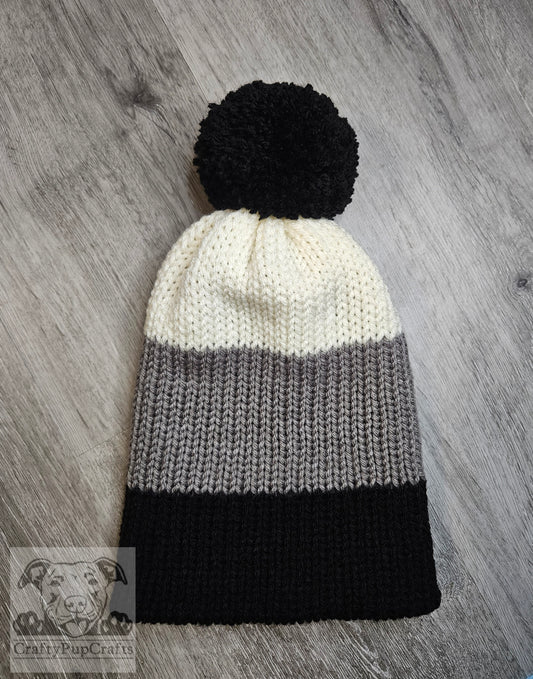 Black, gray, & ivory knit faux brim beanie with pom pom