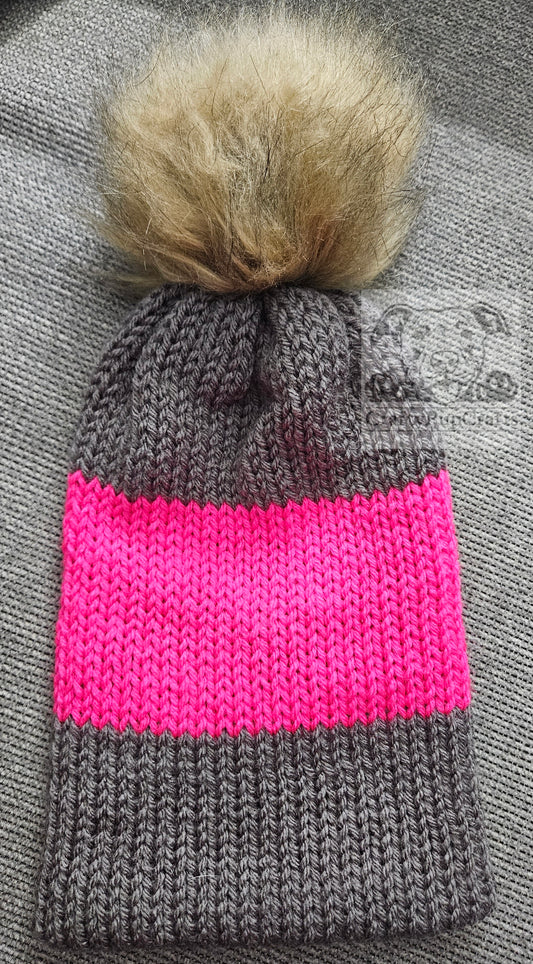 Gray & neon pink knit faux brim beanie with faux fur pom pom