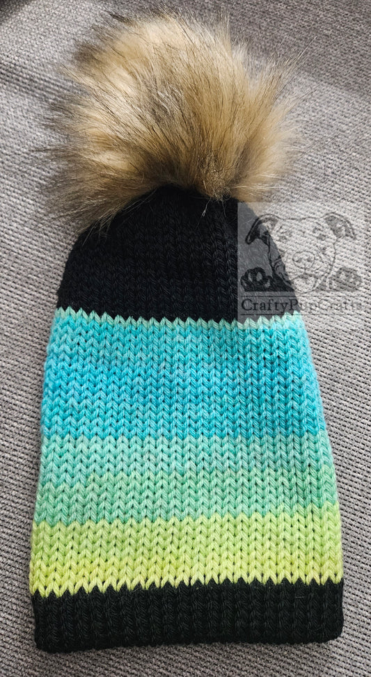 Black & neon blue ombre knit beanie with faux fur pom pom