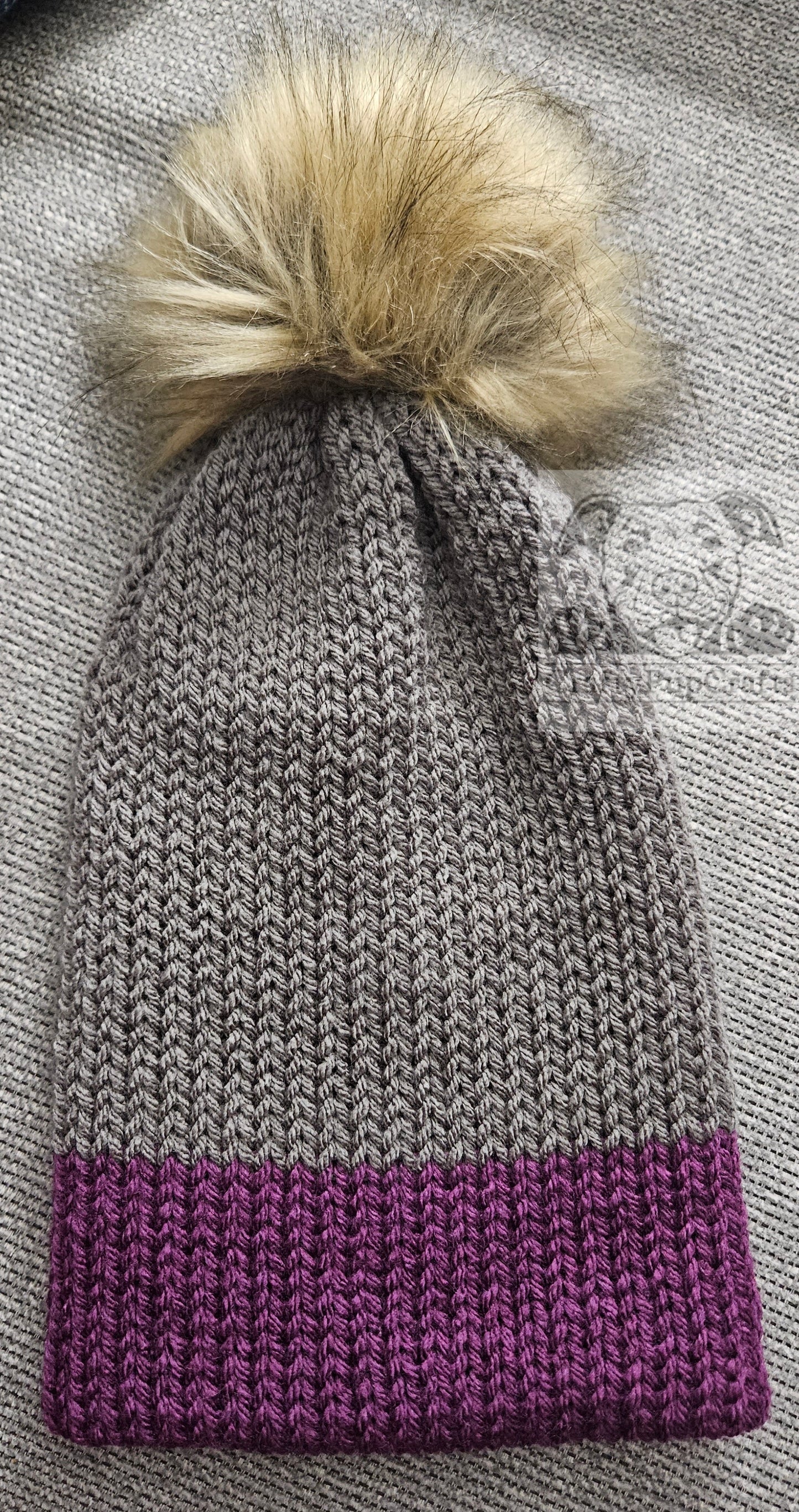 Gray & purple knit faux brim beanie with faux fur pom pom