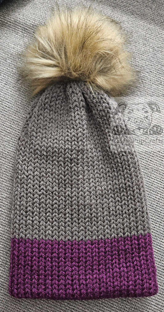 Gray & purple knit faux brim beanie with faux fur pom pom