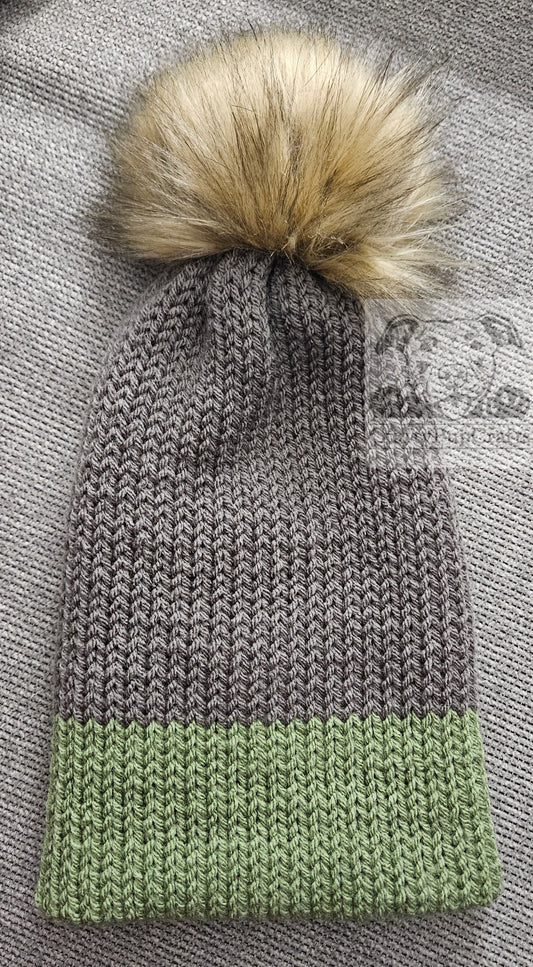 Gray & sage green knit faux brim beanie with faux fur pom pom