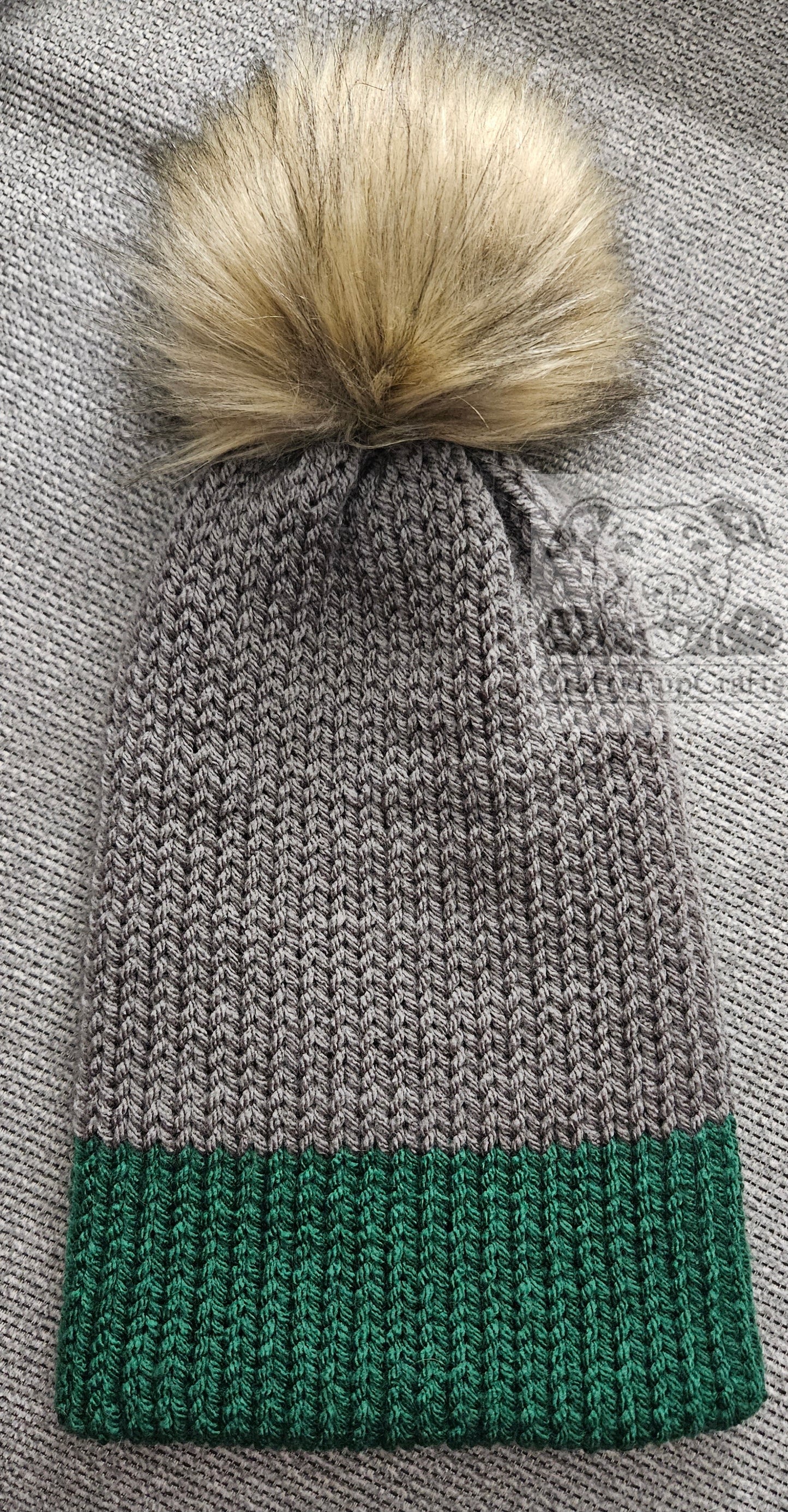 Gray & green knit faux brim beanie with faux fur pom pom