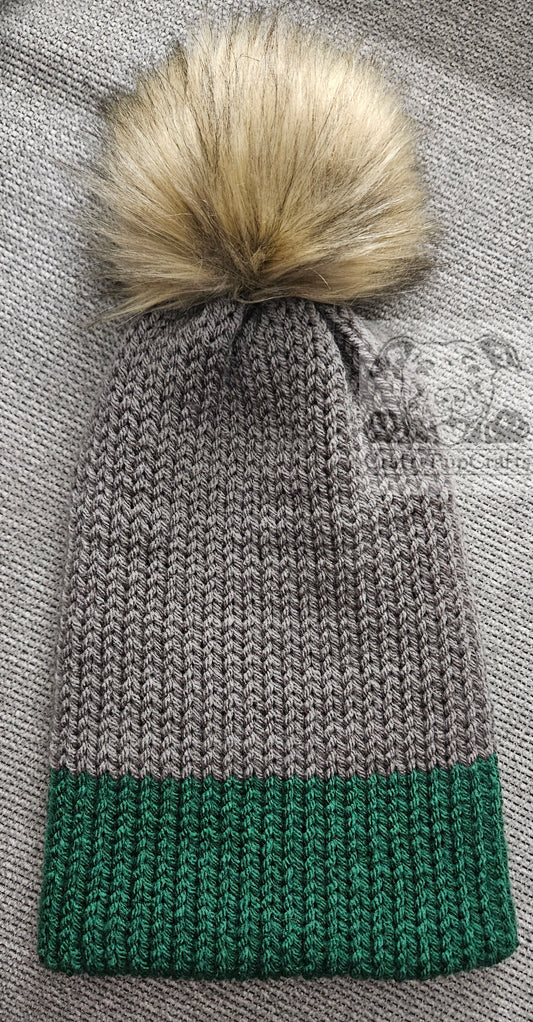 Gray & green knit faux brim beanie with faux fur pom pom