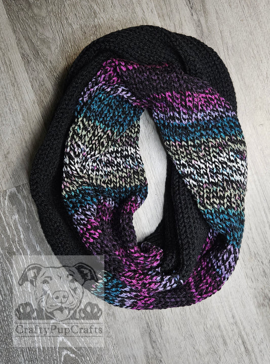 Black & multi-color purple/green stripe infinity scarf