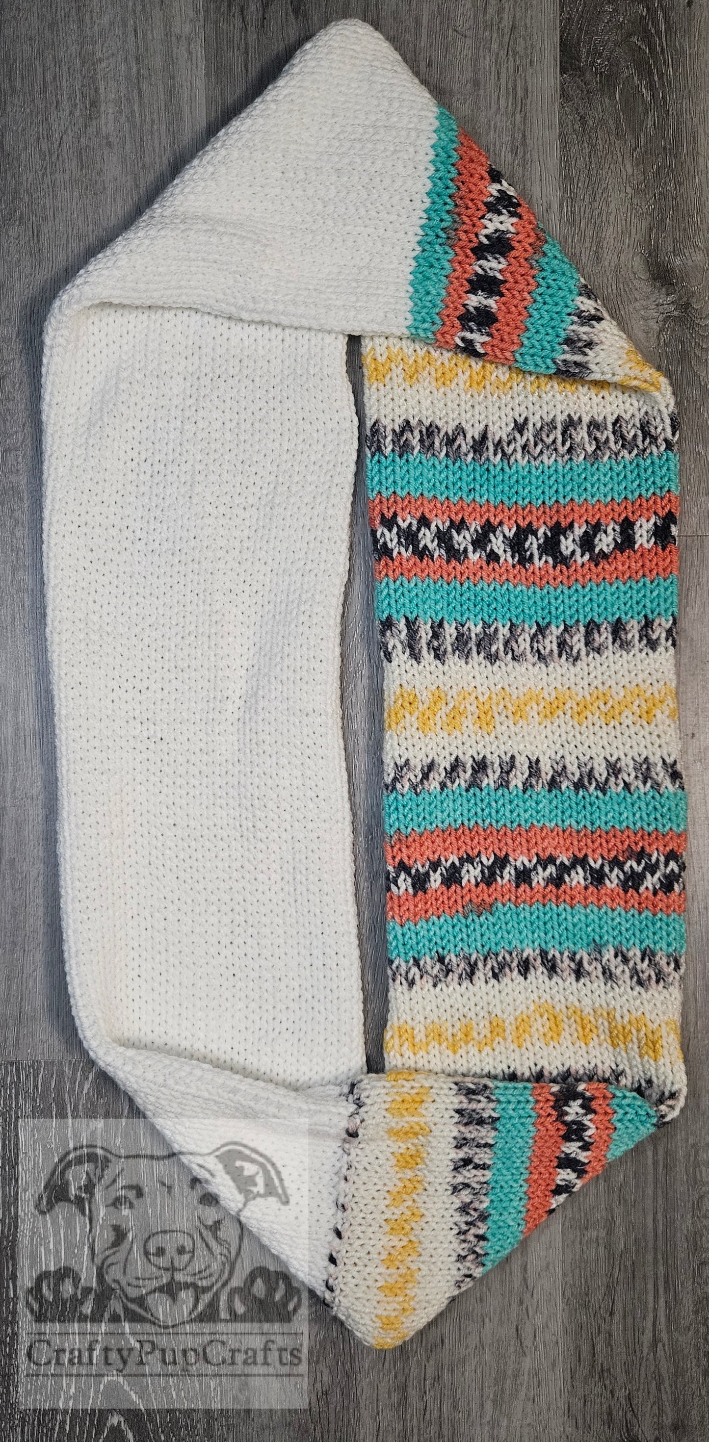White, peach, teal, yellow, and black infinity scarf
