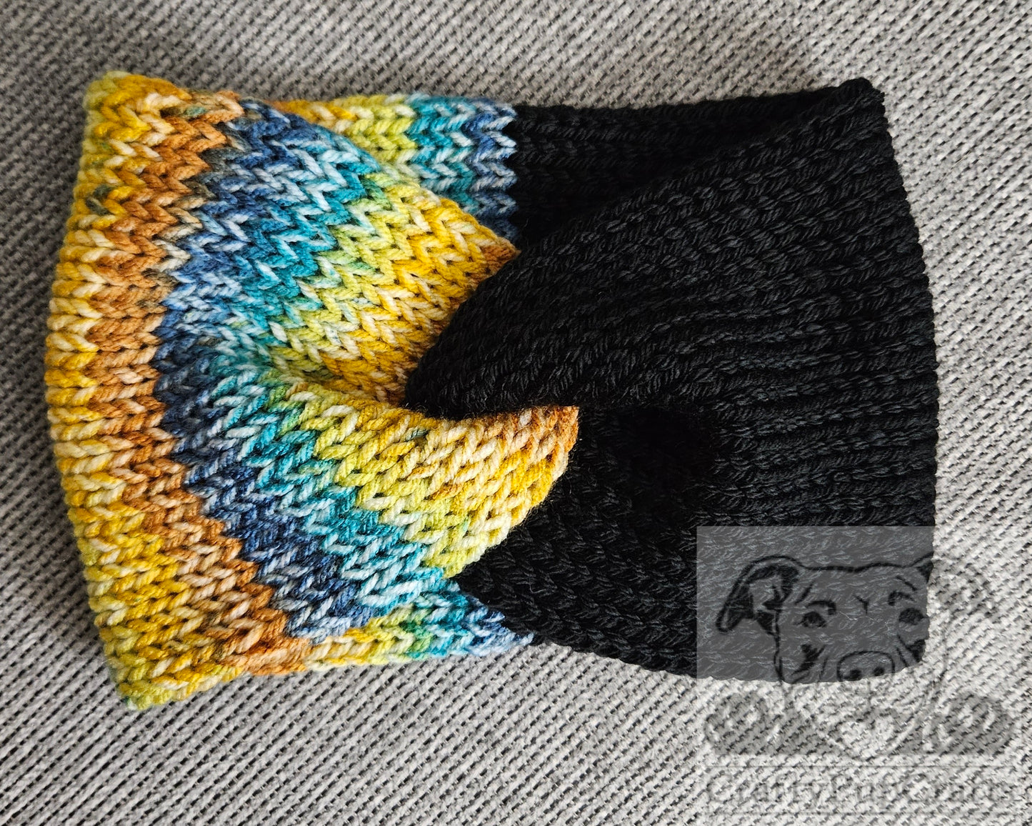 Black & multi-color yellow/blue knit ear warmer