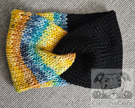 Black & multi-color yellow/blue knit ear warmer